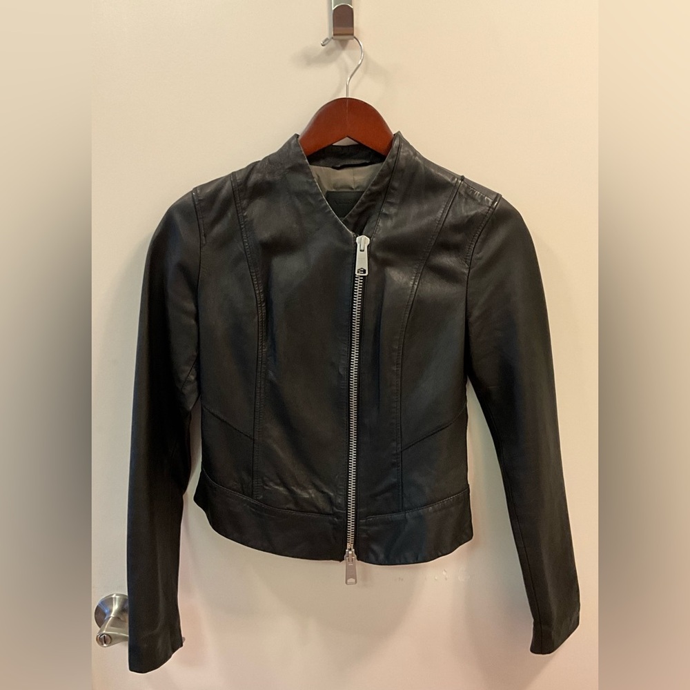 AllSaints Black Leather Moto Jacket with Silver Hard-wear US Size 4